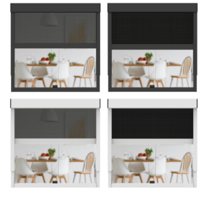 Cuatro opciones diferentes para el estor enrollable exterior CLIP`N`SHADE: estor enrollable blanco con tejido opaco, estor enrollable blanco con tejido transparente, estor enrollable negro con tejido opaco, estor enrollable negro con tejido transparente.