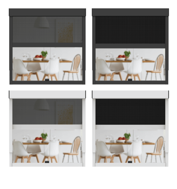 quatre possibilités différentes de stores extérieurs CLIP`N`SHADE : store blanc avec tissu opaque, store blanc avec tissu transparent, store noir avec tissu opaque, store noir avec tissu transparent