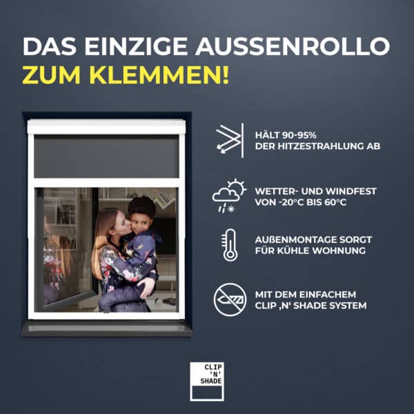 Store extérieur à pincer : 90-95 % protection contre le rayonnement thermique, résistant aux intempéries et au vent de -20°C à 60°C, appartement frais grâce au montage extérieur