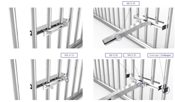 Image détaillée de la fixation de modules PV sur une balustrade.