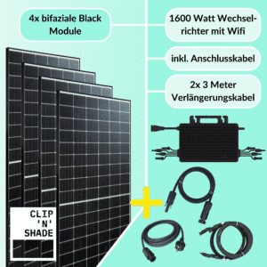 Kit de centrale électrique pour balcon de 1600W, composé d'un onduleur Hoymiles HMS-1600-4T de 1600W et de 4x 430Wp modules Full Black, câble de raccordement et 2x 3m de rallonge inclus.