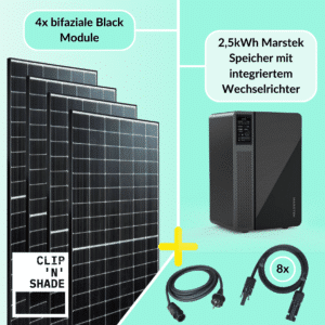 Centrale électrique de balcon de 1600W Kit complet composé de 4x modules PV et d'un accumulateur Marstek avec onduleur intégré de 800W.