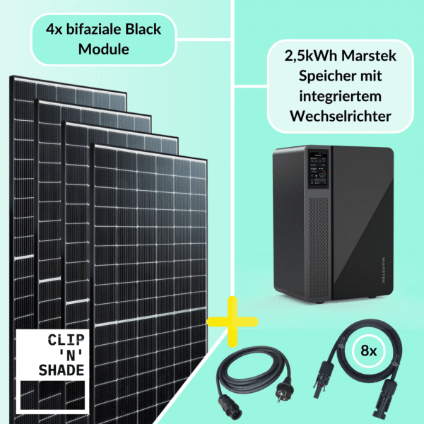 Centrale électrique de balcon de 1600W Kit complet composé de 4x modules PV et d'un accumulateur Marstek avec onduleur intégré de 800W.
