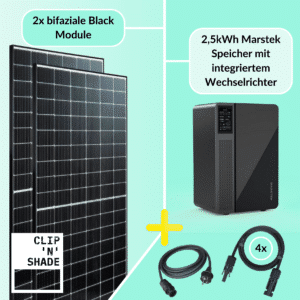 Centrale électrique de balcon 800W Kit complet composé de 2x modules PV et d'un accumulateur Marstek avec onduleur 800W intégré.