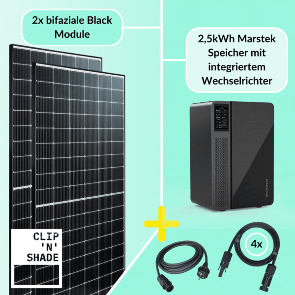 Centrale électrique de balcon 800W Kit complet composé de 2x modules PV et d'un accumulateur Marstek avec onduleur 800W intégré.
