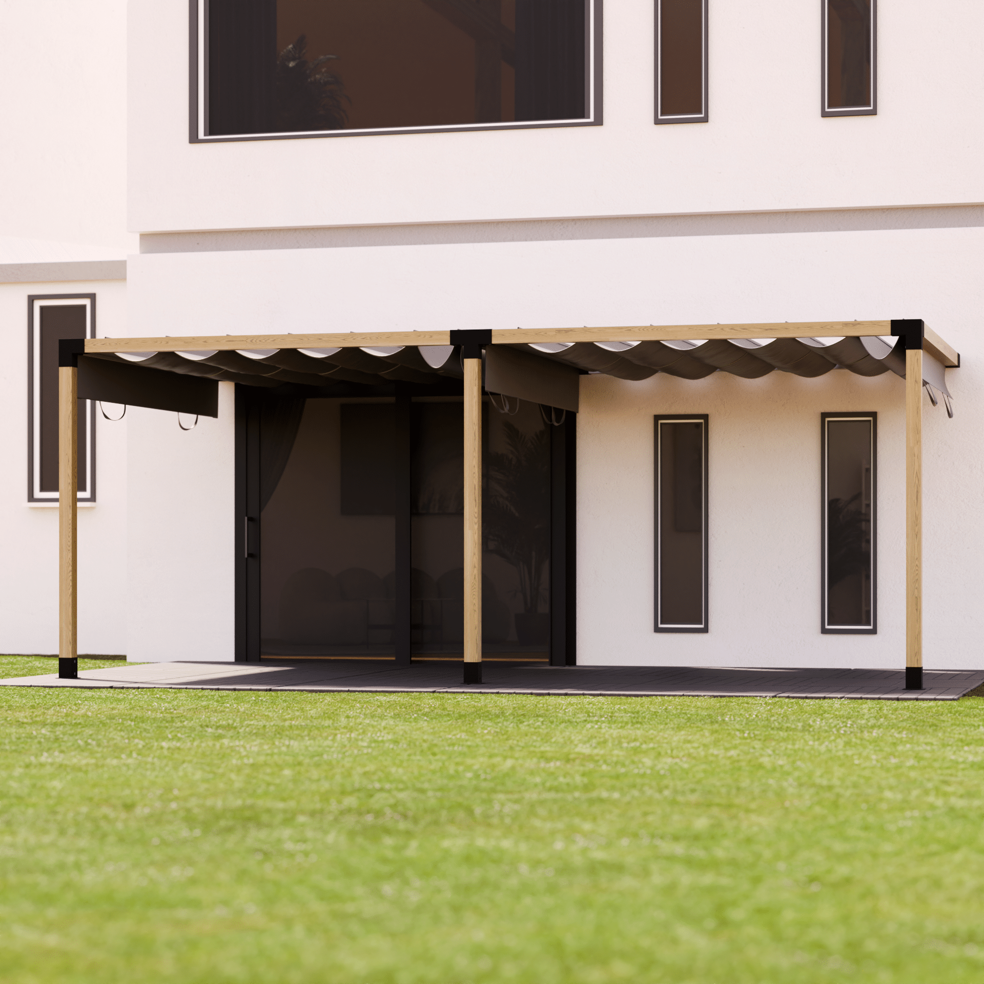 Pergola Abri de terrasse double avec fixation murale et toit en toile coulissant 5