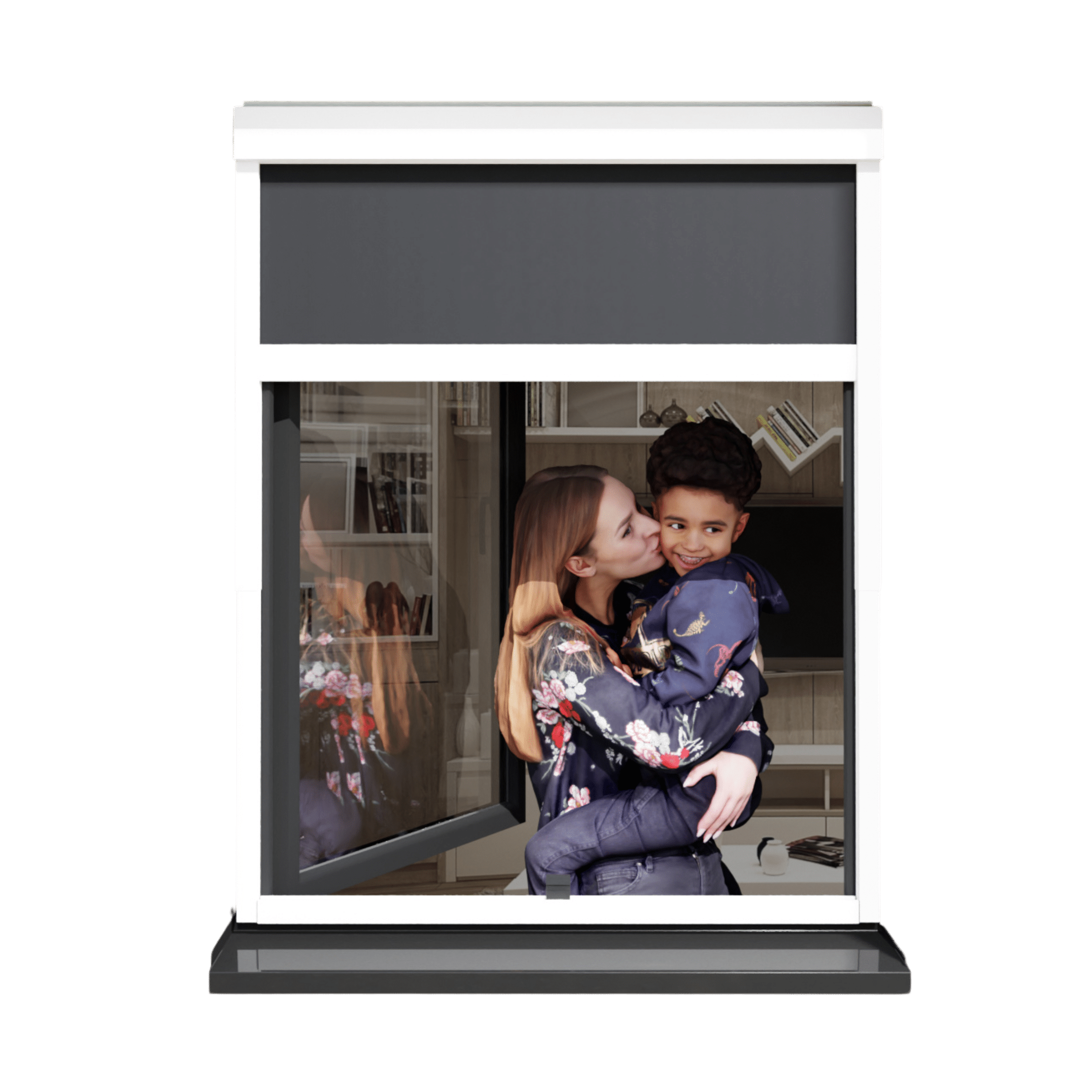 Femme et enfant dans une fenêtre avec store extérieur